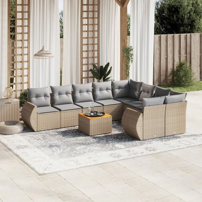 10-tlg. Garten-Sofagarnitur mit Kissen Beige Poly Rattan