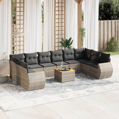 11-tlg. Garten-Sofagarnitur mit Kissen Grau Poly Rattan