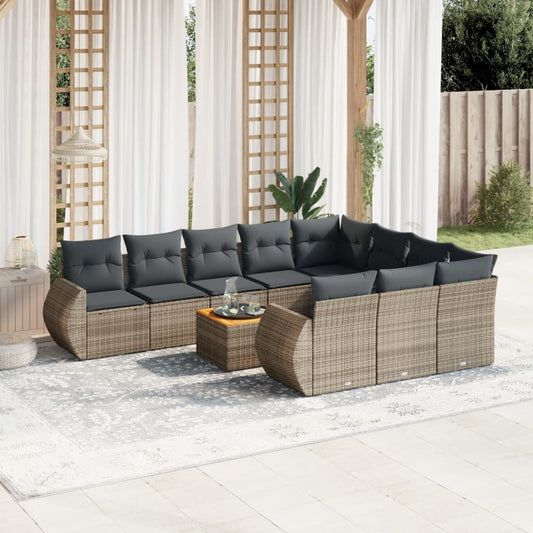 11-tlg. Garten-Sofagarnitur mit Kissen Grau Poly Rattan