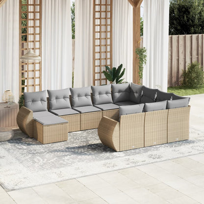 11-tlg. Garten-Sofagarnitur mit Kissen Beige Poly Rattan