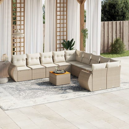 11-tlg. Garten-Sofagarnitur mit Kissen Beige Poly Rattan