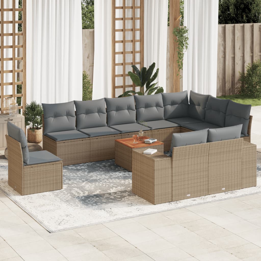 11-tlg. Garten-Sofagarnitur mit Kissen Beige Poly Rattan