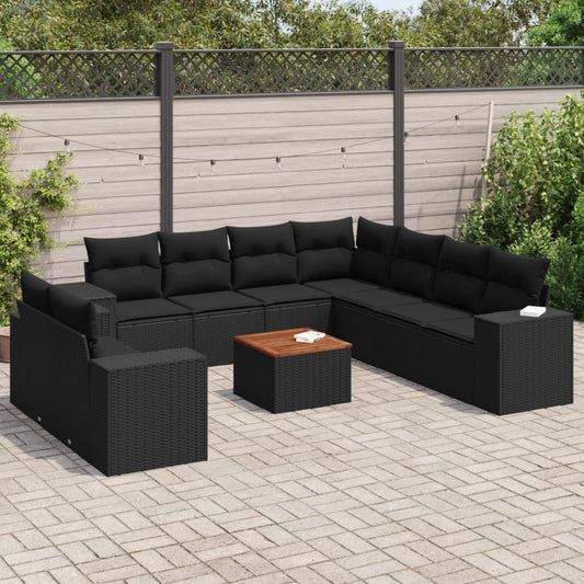 10-tlg. Garten-Sofagarnitur mit Kissen Schwarz Poly Rattan