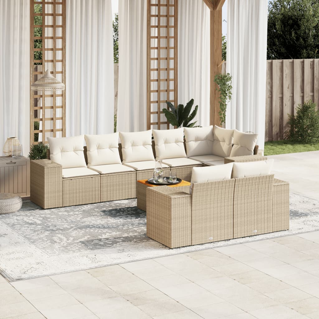 9-tlg. Garten-Sofagarnitur mit Kissen Beige Poly Rattan