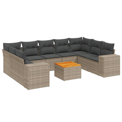 10-tlg. Garten-Sofagarnitur mit Kissen Grau Poly Rattan