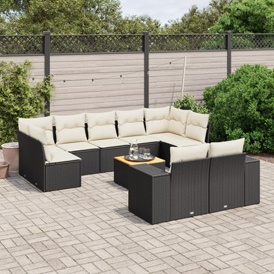 10-tlg. Garten-Sofagarnitur mit Kissen Schwarz Poly Rattan