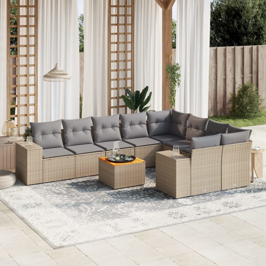 10-tlg. Garten-Sofagarnitur mit Kissen Beige Poly Rattan