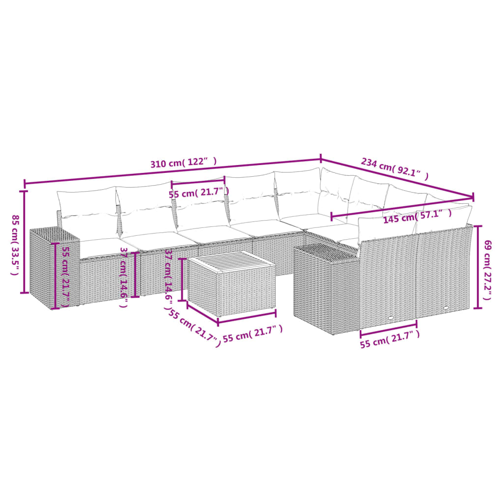 10-tlg. Garten-Sofagarnitur mit Kissen Grau Poly Rattan