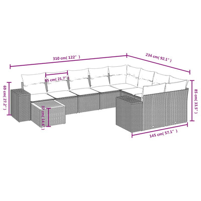 10-tlg. Garten-Sofagarnitur mit Kissen Grau Poly Rattan