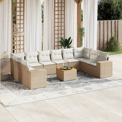 11-tlg. Garten-Sofagarnitur mit Kissen Beige Poly Rattan