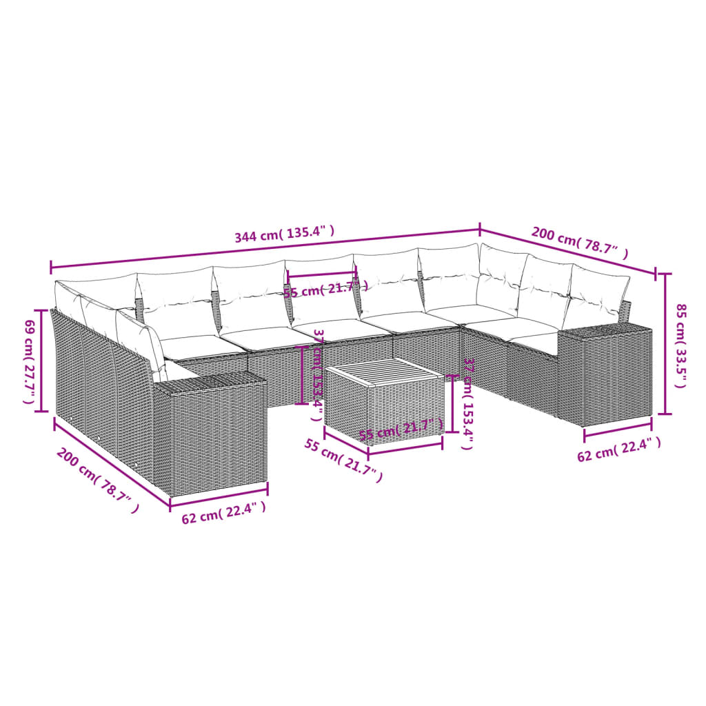 11-tlg. Garten-Sofagarnitur mit Kissen Grau Poly Rattan