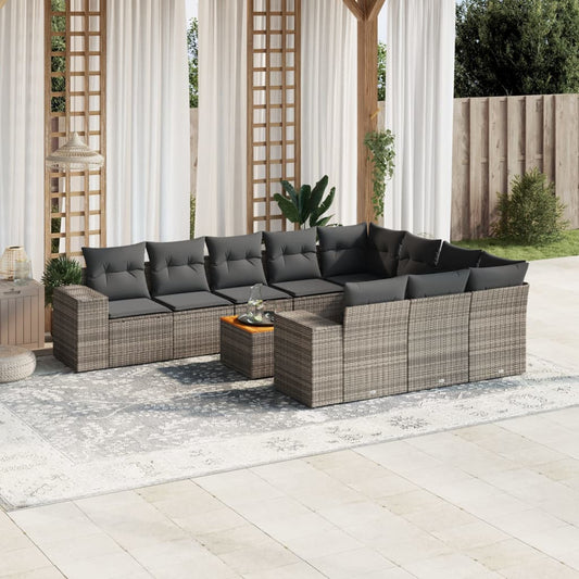 11-tlg. Garten-Sofagarnitur mit Kissen Grau Poly Rattan