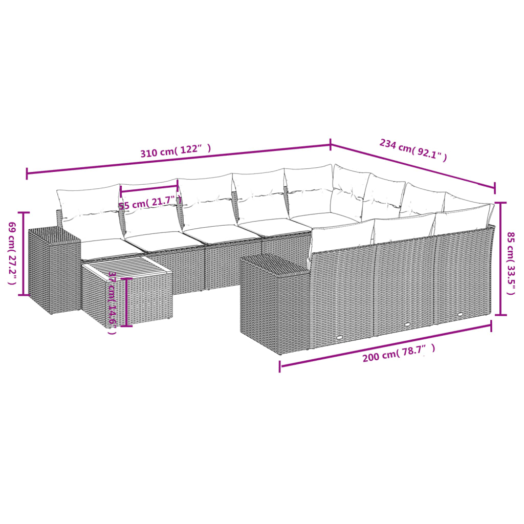 11-tlg. Garten-Sofagarnitur mit Kissen Grau Poly Rattan