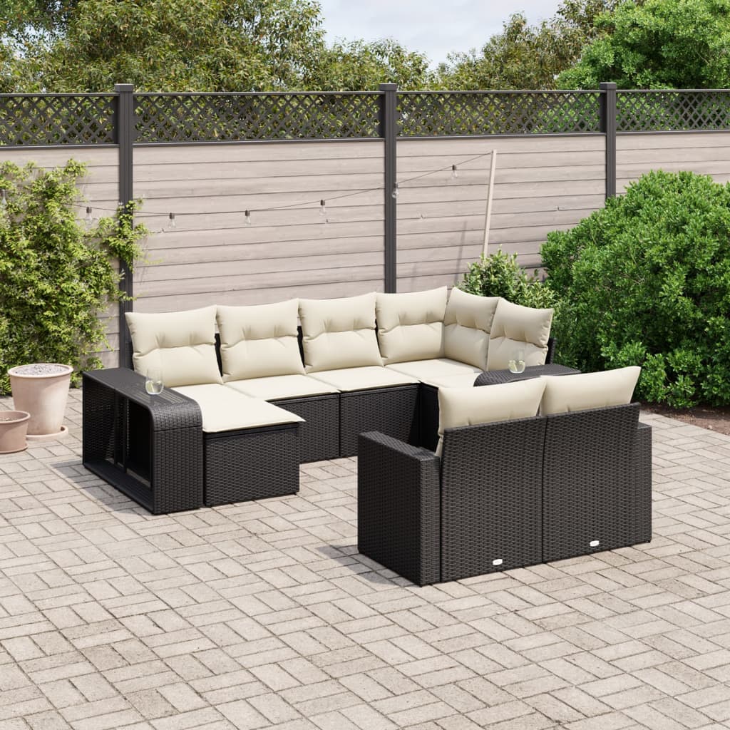 10-tlg. Garten-Sofagarnitur mit Kissen Schwarz Poly Rattan