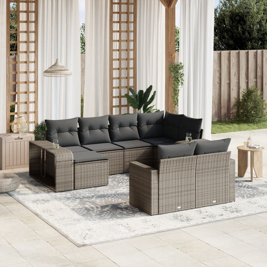 10-tlg. Garten-Sofagarnitur mit Kissen Grau Poly Rattan