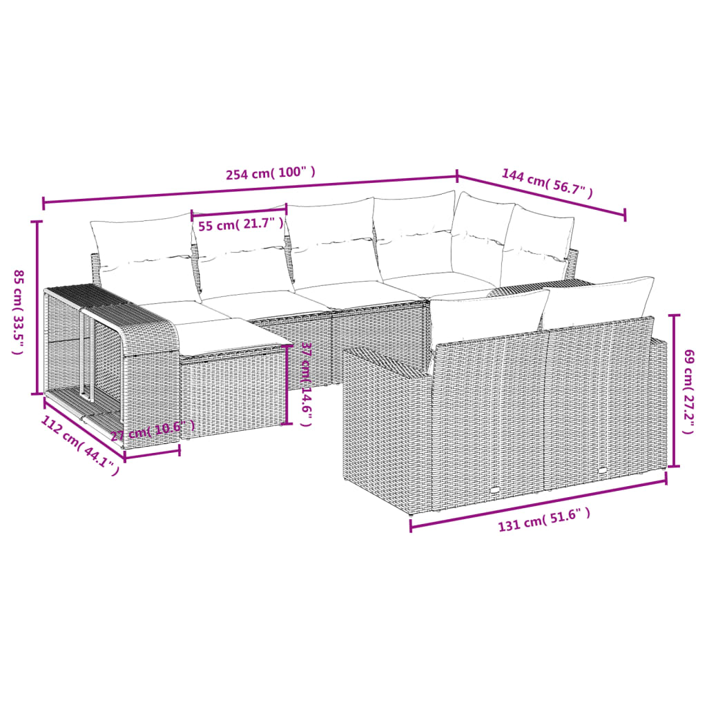 10-tlg. Garten-Sofagarnitur mit Kissen Braun Poly Rattan