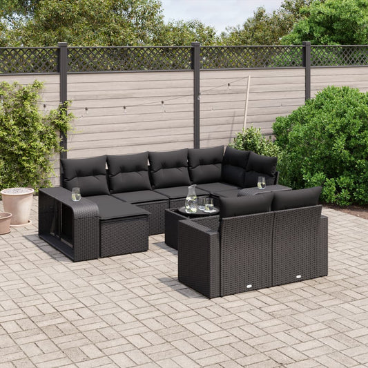 11-tlg. Garten-Sofagarnitur mit Kissen Schwarz Poly Rattan