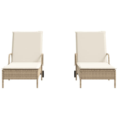 Sonnenliegen mit Auflagen 2 Stk. Beige Poly Rattan