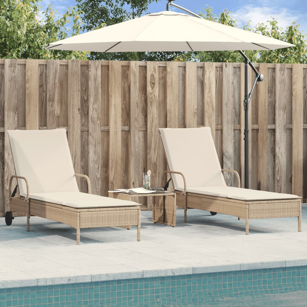 Sonnenliegen mit Auflagen 2 Stk. Beige Poly Rattan