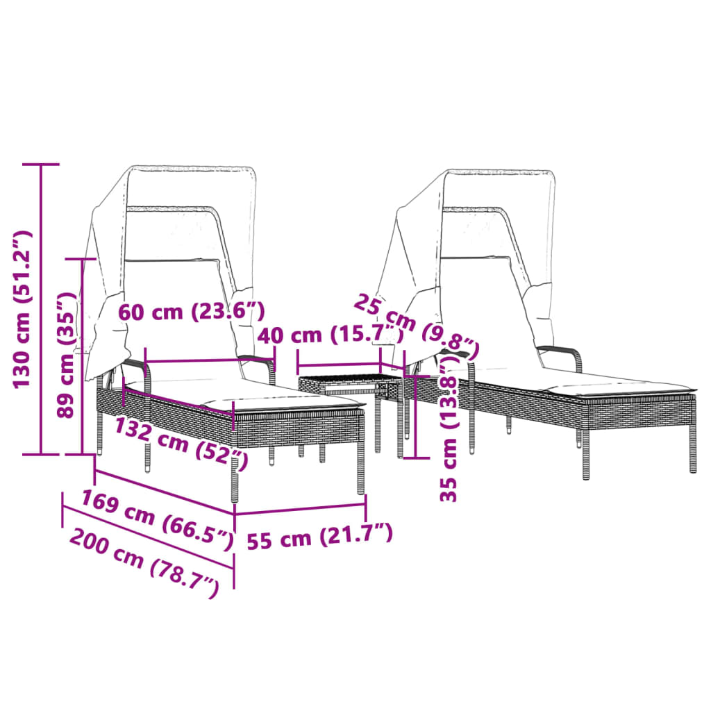 Sonnenliegen 2 Stk. mit Dach und Tisch Schwarz Poly-Rattan