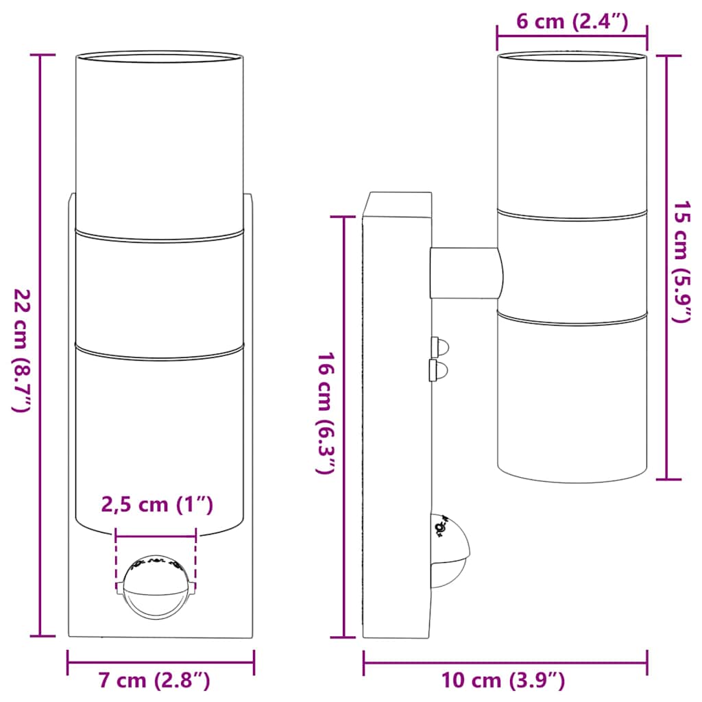 Außenwandleuchte Schwarz 7 x 10 x 22 cm Edelstahl und Glas