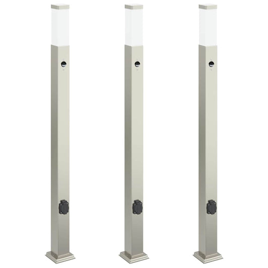 Pollerleuchten mit Sensor&Steckdose 3 Stk. 110 cm Edelstahl IP44