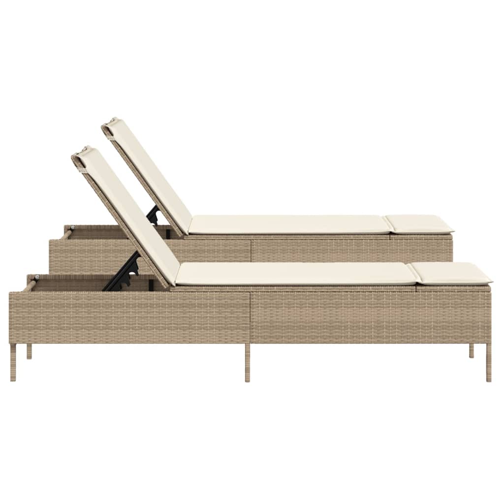 Sonnenliegen mit Auflagen 2 Stk. Beige Poly Rattan