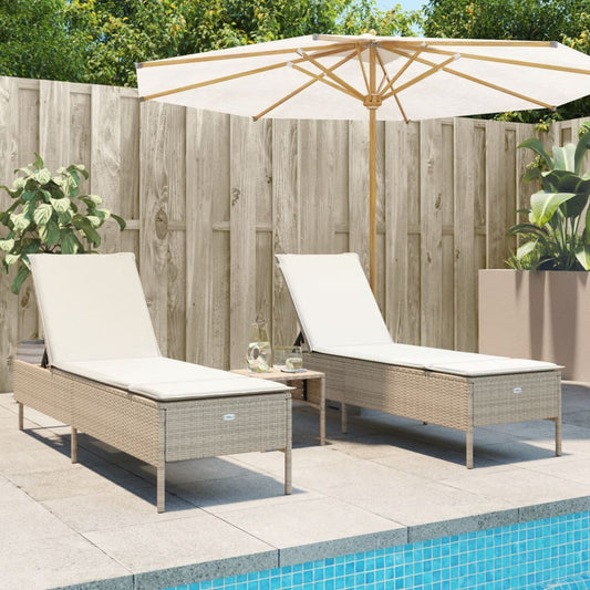 Sonnenliegen mit Auflagen 2 Stk. Beige Poly Rattan