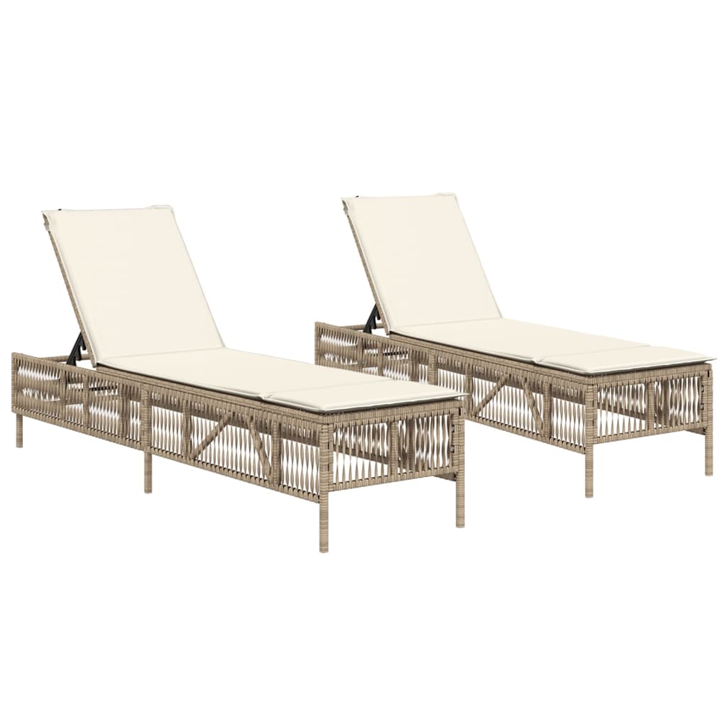 Sonnenliegen mit Auflagen 2 Stk. Beige Poly Rattan