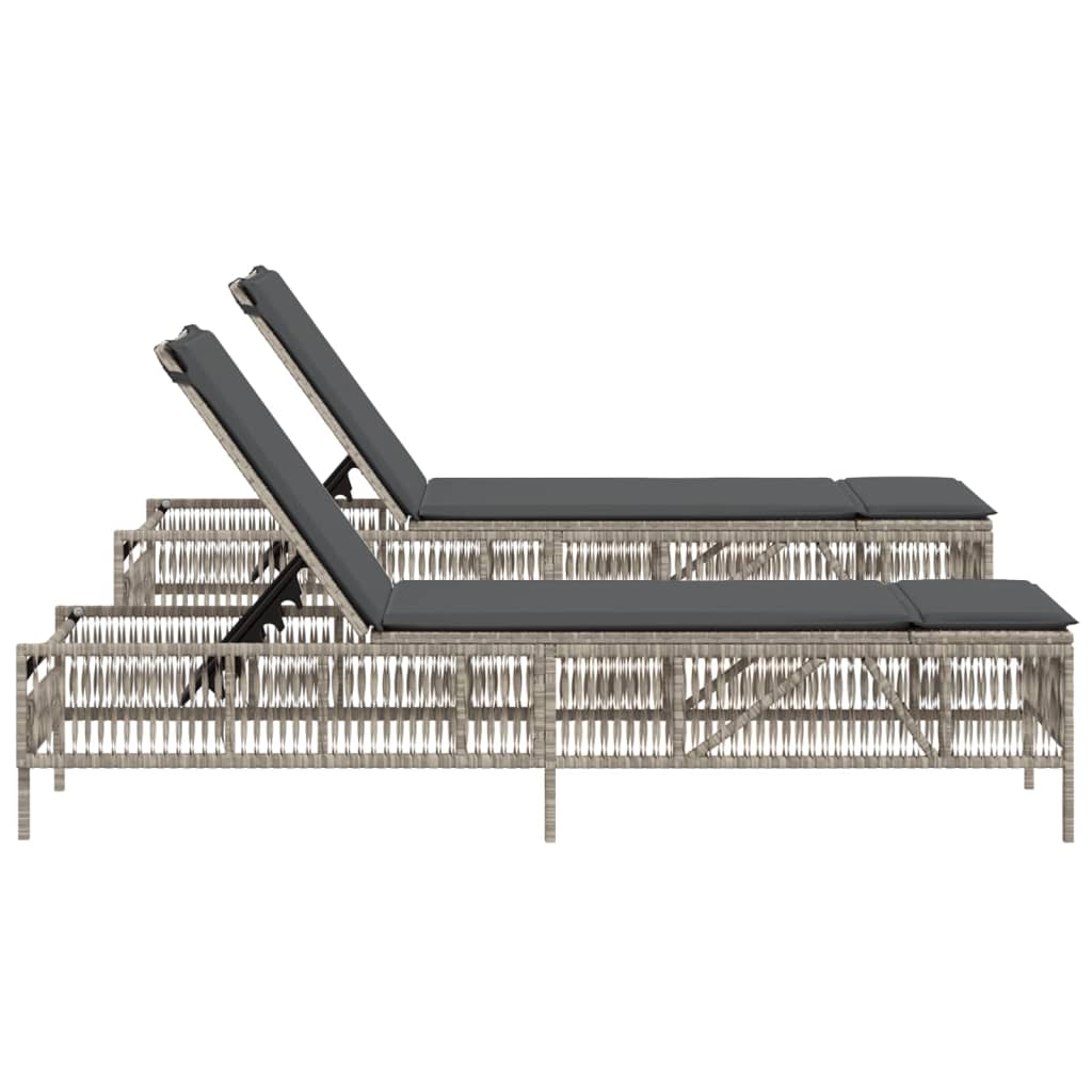 Sonnenliegen mit Auflagen 2 Stk. Hellgrau Poly Rattan