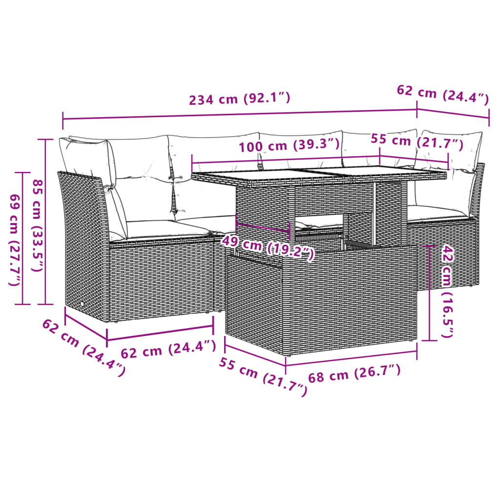 5-tlg. Garten-Sofagarnitur mit Kissen Schwarz Poly Rattan