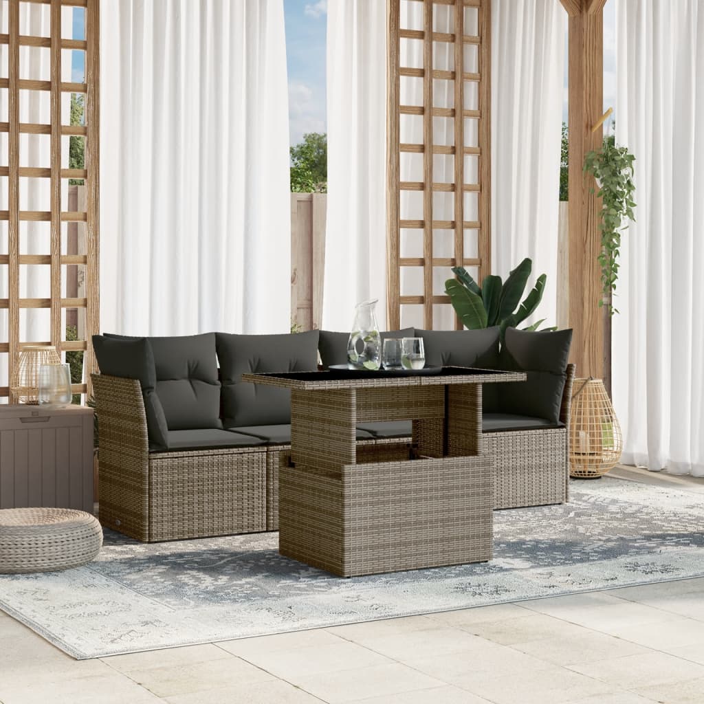 5-tlg. Garten-Sofagarnitur mit Kissen Grau Poly Rattan