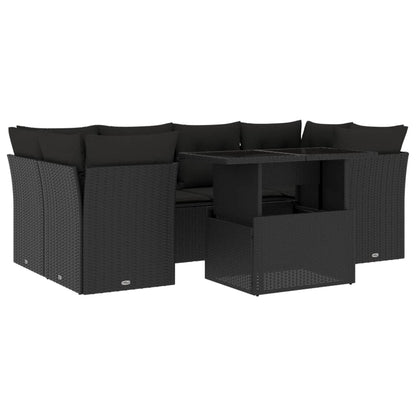 7-tlg. Garten-Sofagarnitur mit Kissen Schwarz Poly Rattan