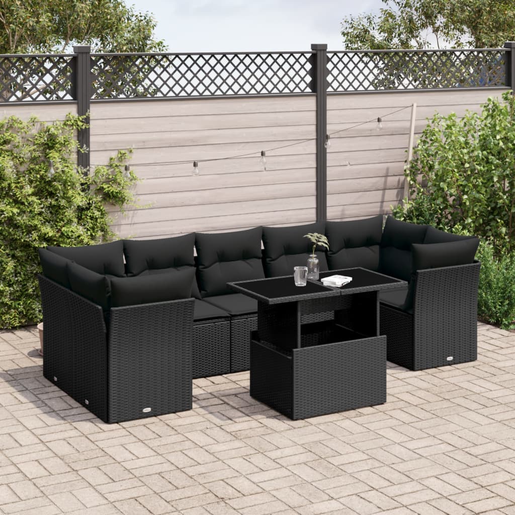 8-tlg. Garten-Sofagarnitur mit Kissen Schwarz Poly Rattan