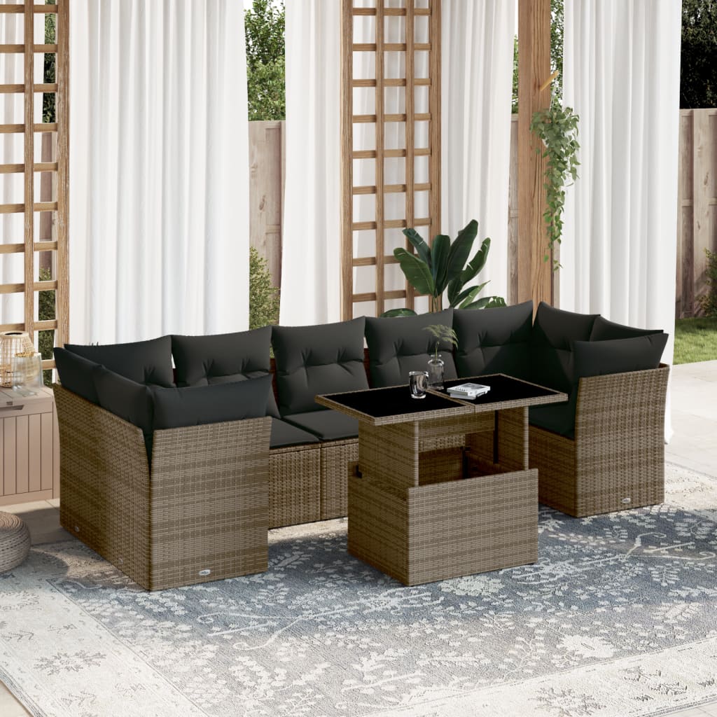 8-tlg. Garten-Sofagarnitur mit Kissen Grau Poly Rattan