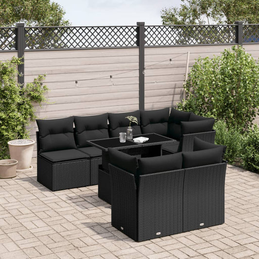 8-tlg. Garten-Sofagarnitur mit Kissen Schwarz Poly Rattan