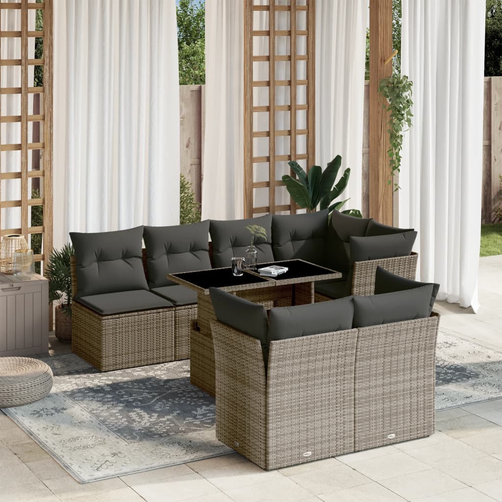 8-tlg. Garten-Sofagarnitur mit Kissen Grau Poly Rattan