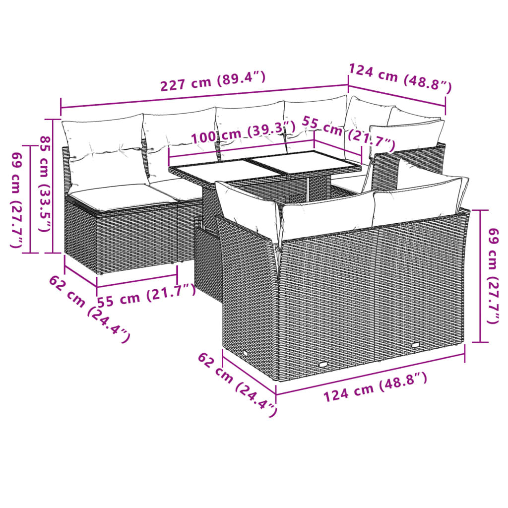 8-tlg. Garten-Sofagarnitur mit Kissen Grau Poly Rattan