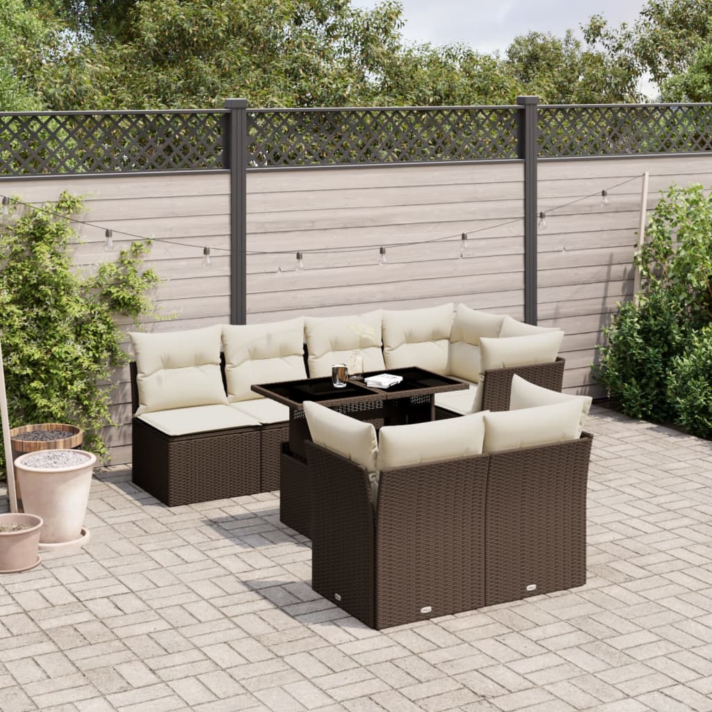 8-tlg. Garten-Sofagarnitur mit Kissen Braun Poly Rattan