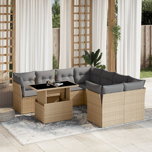 9-tlg. Garten-Sofagarnitur mit Kissen Beige Poly Rattan