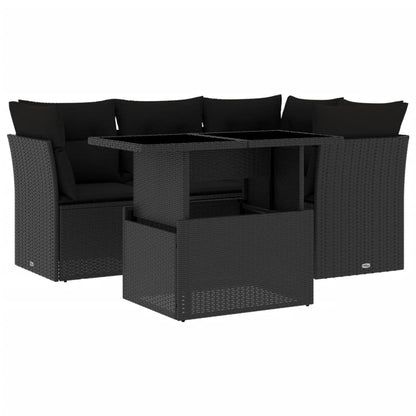 5-tlg. Garten-Sofagarnitur mit Kissen Schwarz Poly Rattan