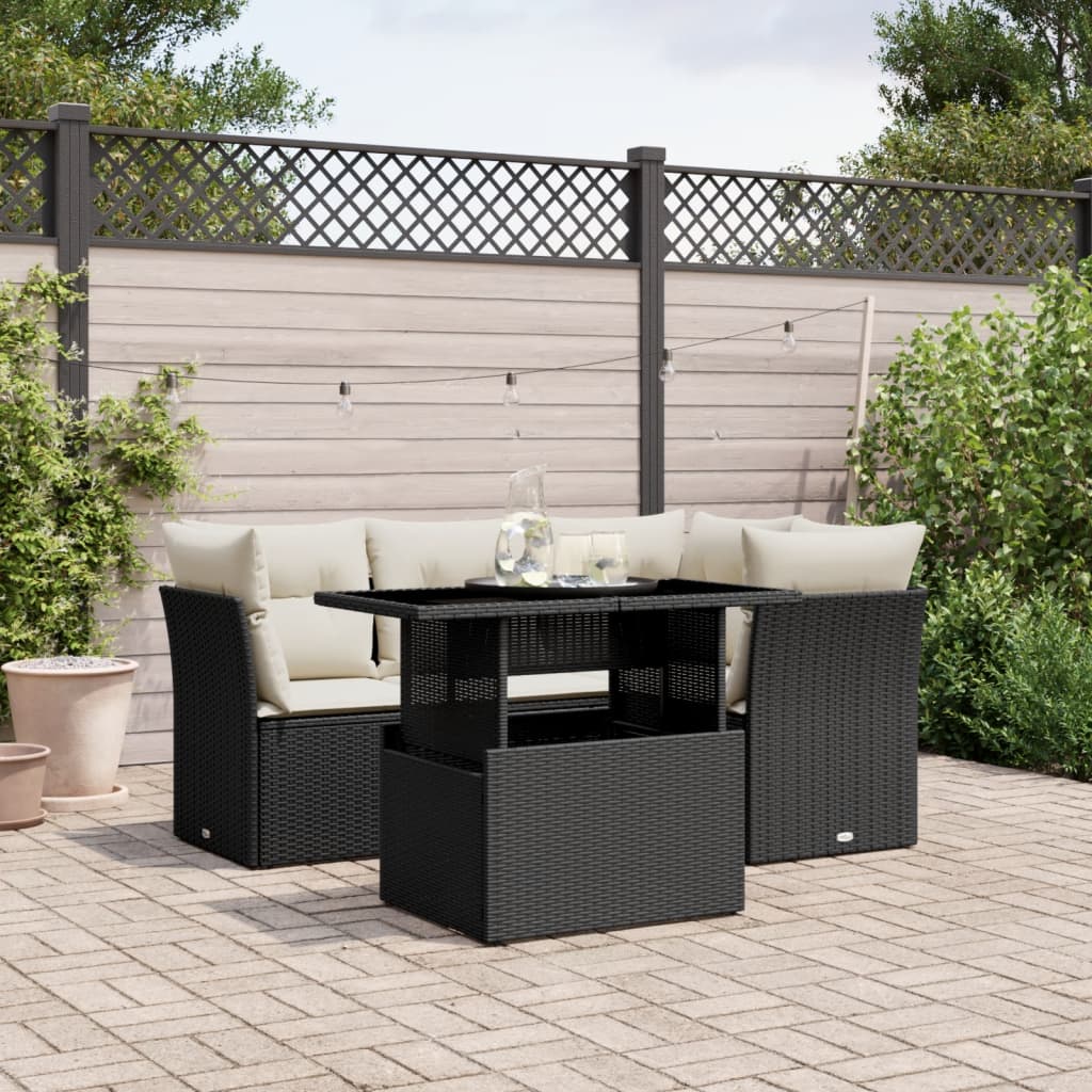 5-tlg. Garten-Sofagarnitur mit Kissen Schwarz Poly Rattan