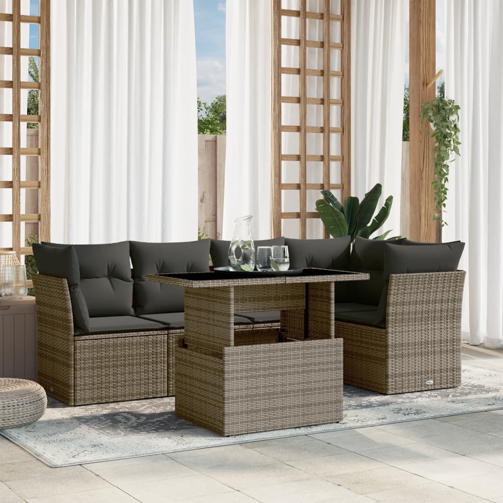 6-tlg. Garten-Sofagarnitur mit Kissen Grau Poly Rattan