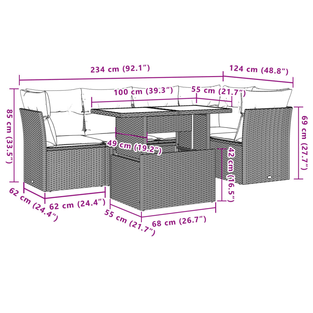 6-tlg. Garten-Sofagarnitur mit Kissen Braun Poly Rattan