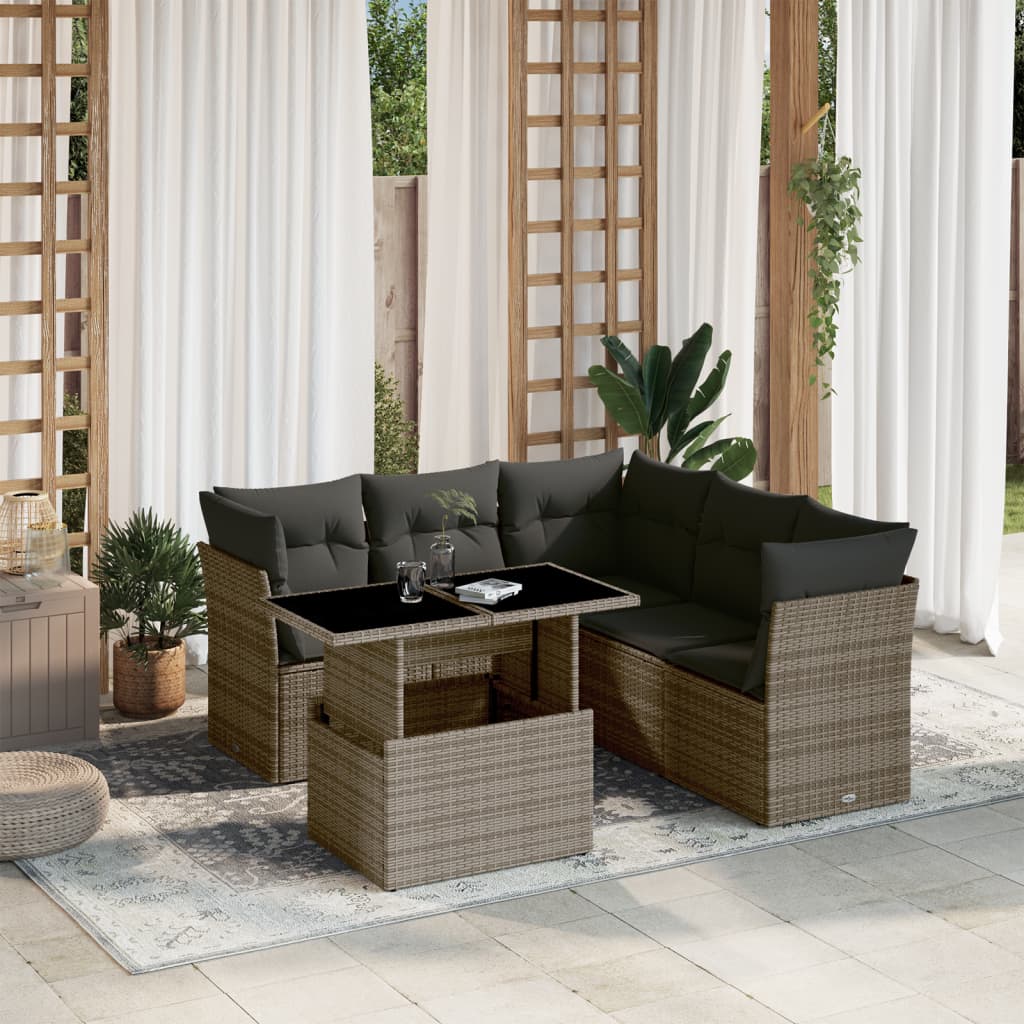 6-tlg. Garten-Sofagarnitur mit Kissen Grau Poly Rattan