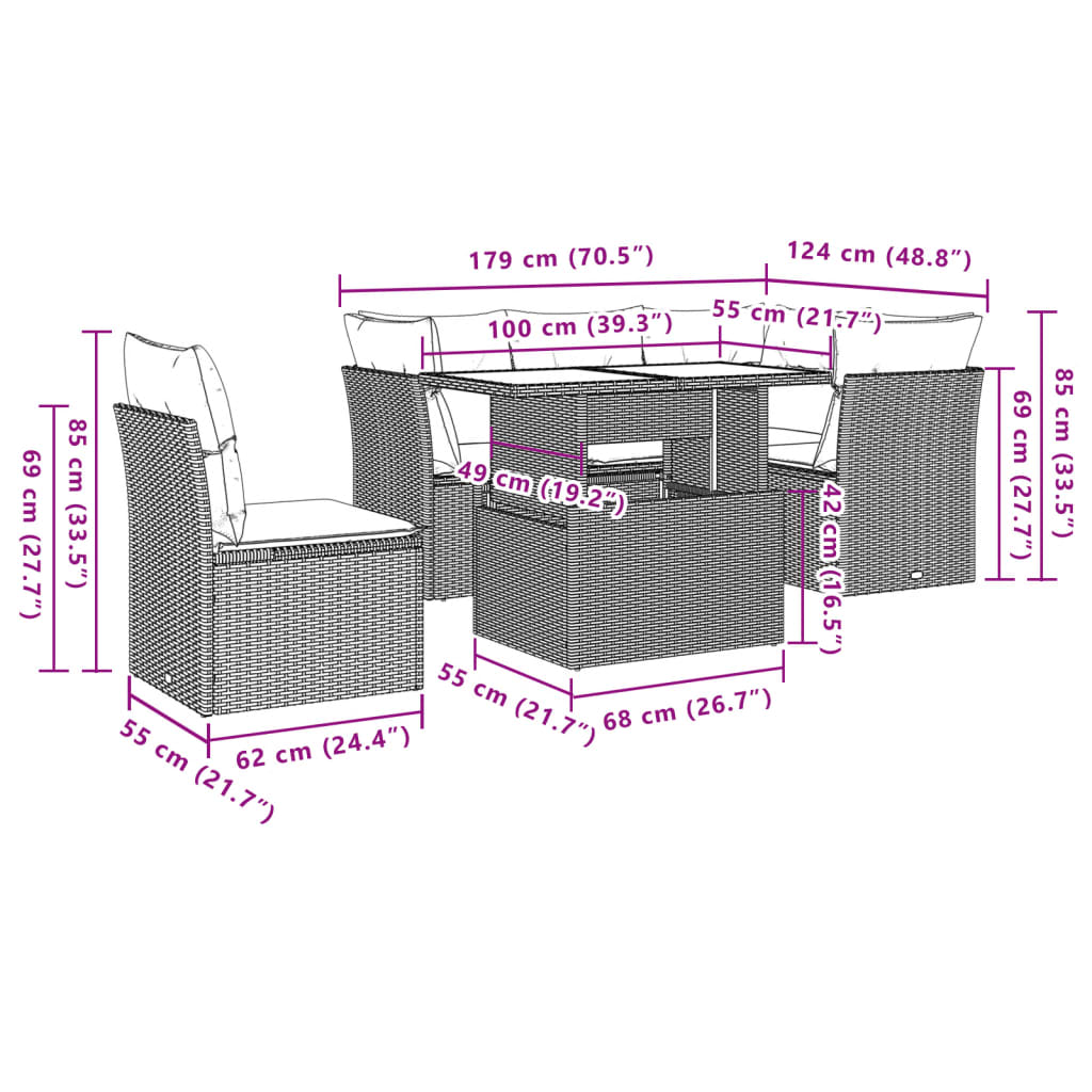 6-tlg. Garten-Sofagarnitur mit Kissen Schwarz Poly Rattan