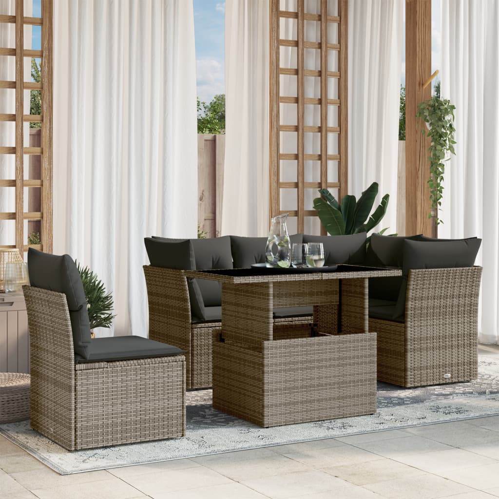 6-tlg. Garten-Sofagarnitur mit Kissen Grau Poly Rattan