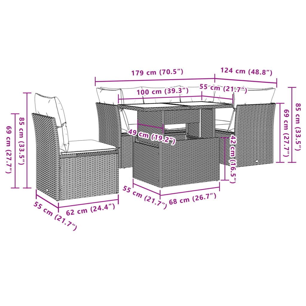 6-tlg. Garten-Sofagarnitur mit Kissen Braun Poly Rattan