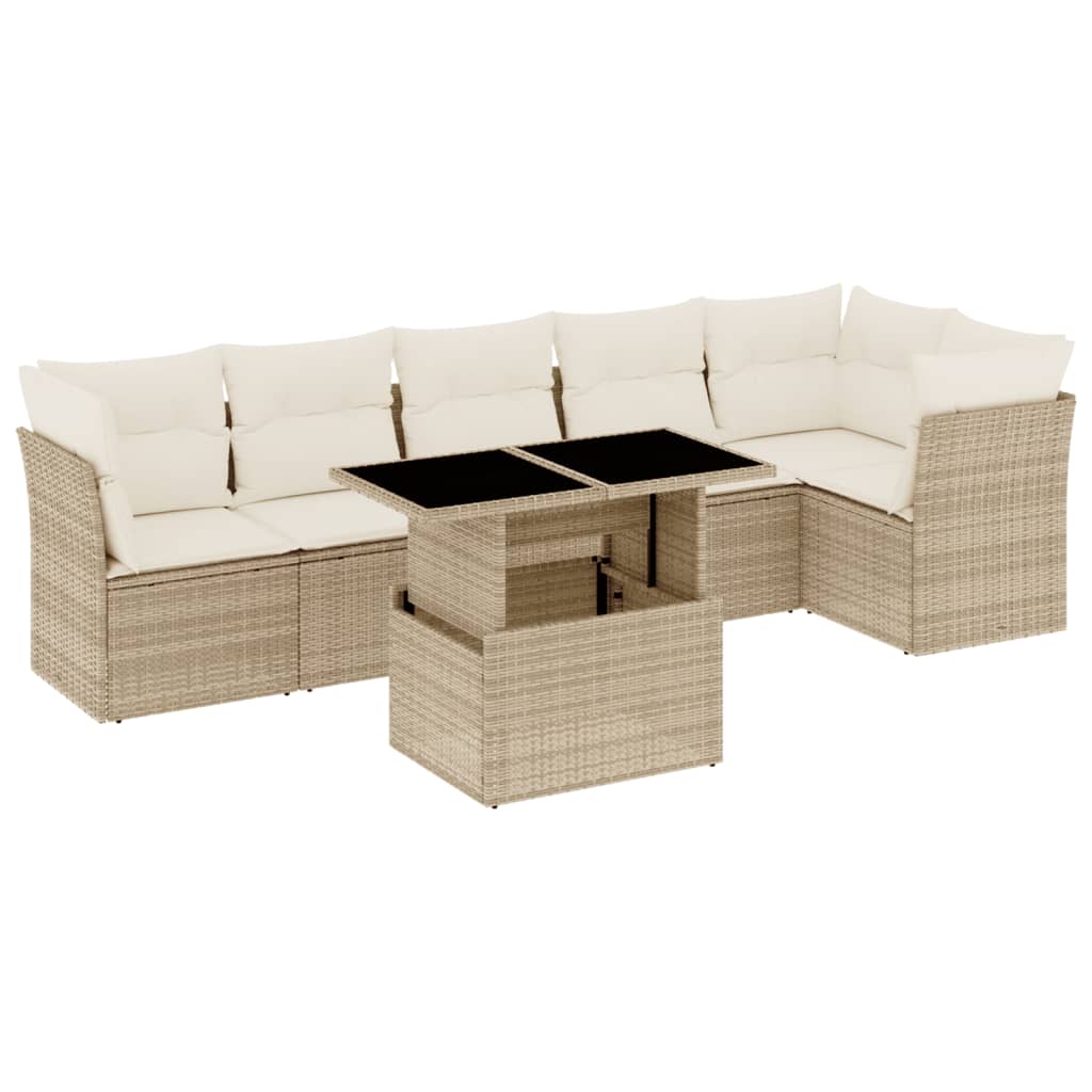 7-tlg. Garten-Sofagarnitur mit Kissen Beige Poly Rattan