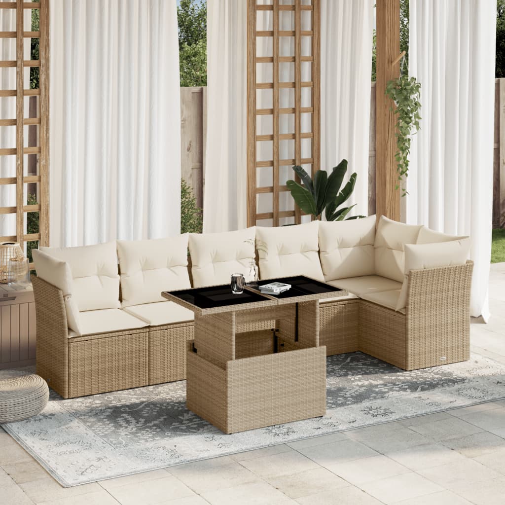 7-tlg. Garten-Sofagarnitur mit Kissen Beige Poly Rattan